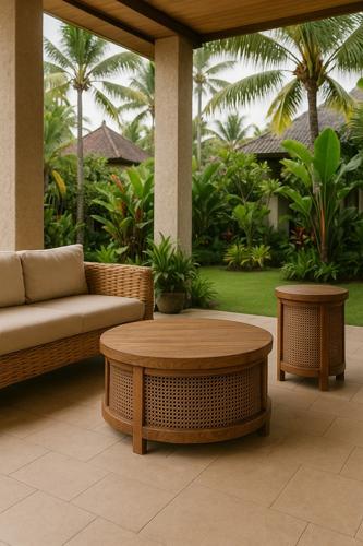Santorini Elm & Rattan Round Coffee Table - 800 X 800 X 400