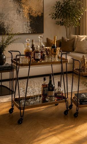 Wooden & Metal Bar Cart (grey Glass) - Natural / Black - 620 X 380 X 720