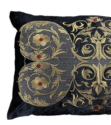 Cushion Cover - Hand Embroidered - Black Withantique Gold Design