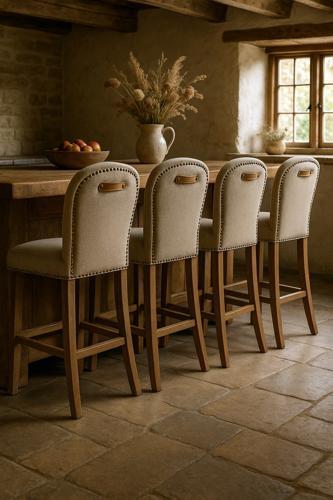 Amberley Fabric Bench Height Barstool with Leather Handle & Studs