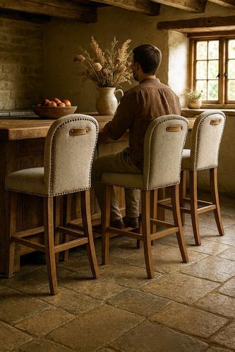 Amberley Fabric Bench Height Barstool with Leather Handle & Studs