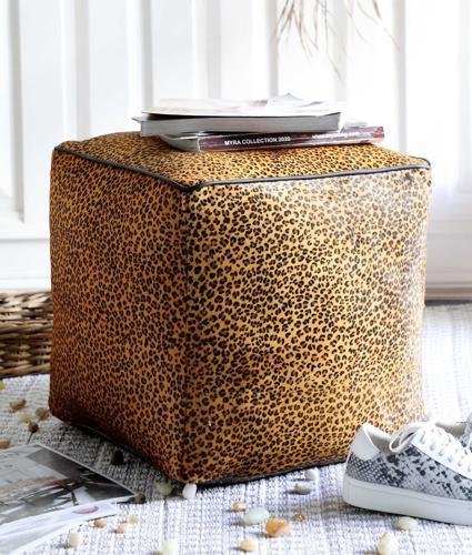 Leopard Leather Square Ottoman
