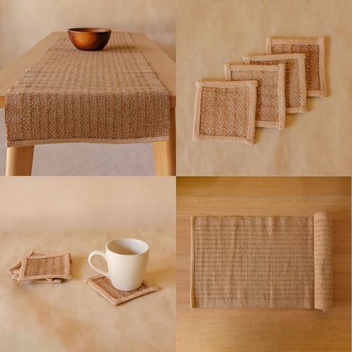 Akiiko Jute Table Top Set Brown Jute Placemat, Runner, Coaster Triangle Weave