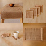 Akiiko Jute Table Top Set Brown Jute Placemat, Runner, Coaster Triangle Weave