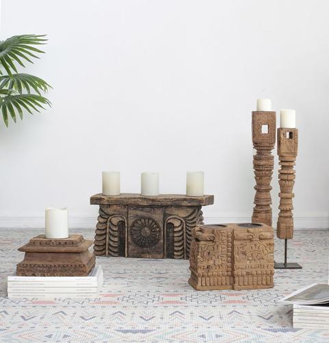 Antique Carved Pillar Candle Holder - 510 X 120 X 200