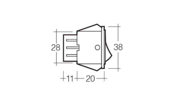 Off/On rocker switch with amber LED, DPST design, 20A at 12V, compact 34.5 x 20mm, ideal for automotive and marine use.