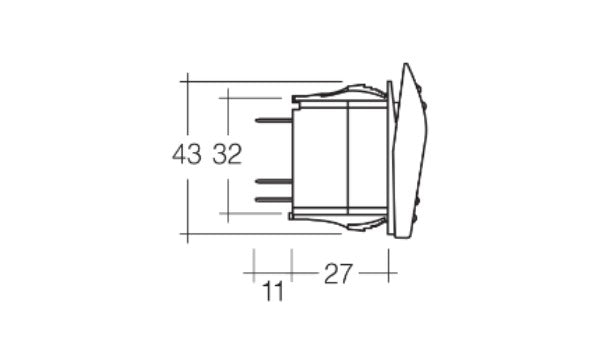 Red LED illuminated sealed rocker switch for 12/24V, compact design for automotive/marine use, handles up to 20A/12V, 10A/24V.