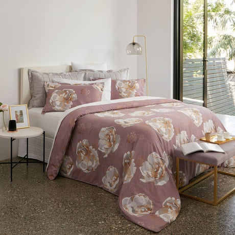 Mauve Eden duvet cover set featuring floral anemones, 100% cotton, includes king single duvet cover and two pillowcases.