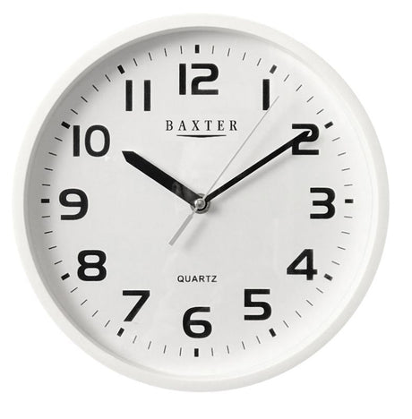 Elegant white 25cm wall clock with Arabic numerals, combining style and precise quartz movement for accurate timekeeping.