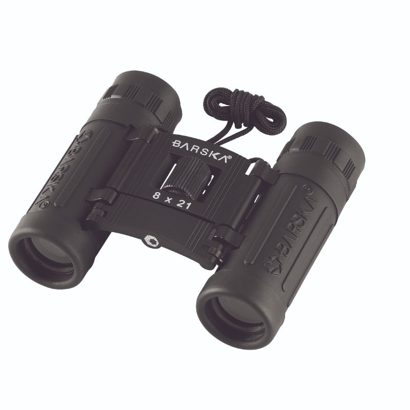 Compact black binoculars with 8x magnification and 21mm lens, ideal for outdoor adventures and bird watching.