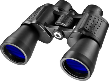 BARSKA 10x50 Porro binoculars with 10x magnification, 50mm lens, rubber armor, ideal for bird watching and outdoor activities.