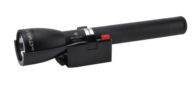 MAGLITE ML 150LRX rechargeable flashlight in matte black, features 1000 lumens brightness, durable aluminum body, and variable-focus beam.