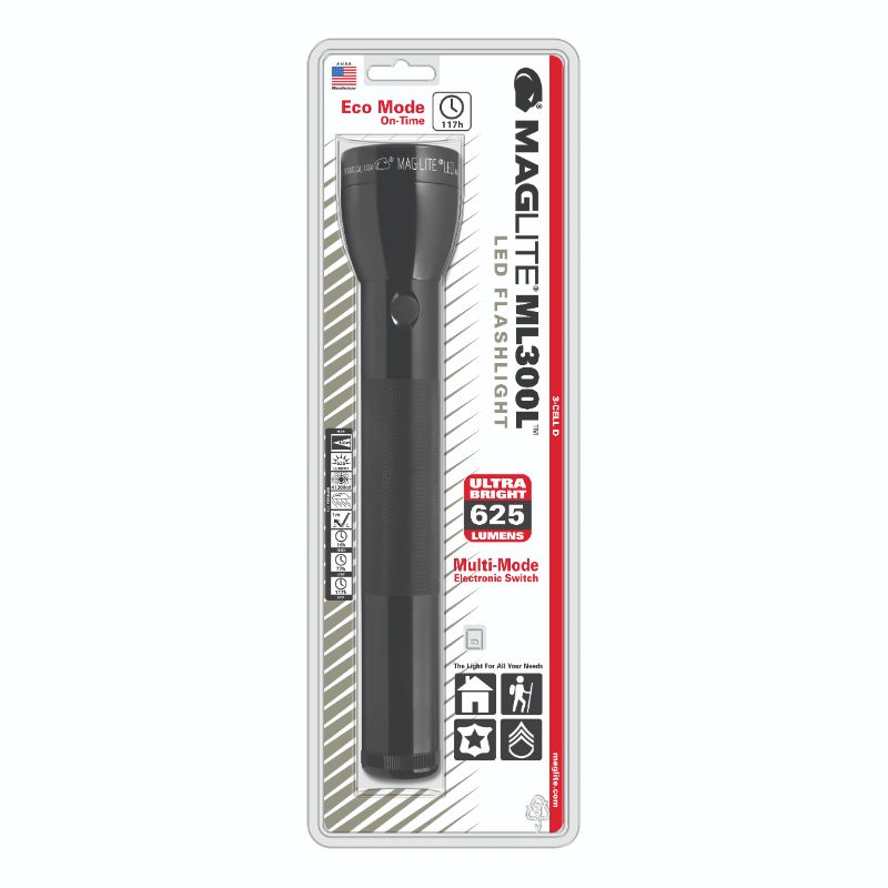 Black MAGLITE ML300L-S3016 flashlight with anodized aluminum body and variable-focus beam for versatile lighting.