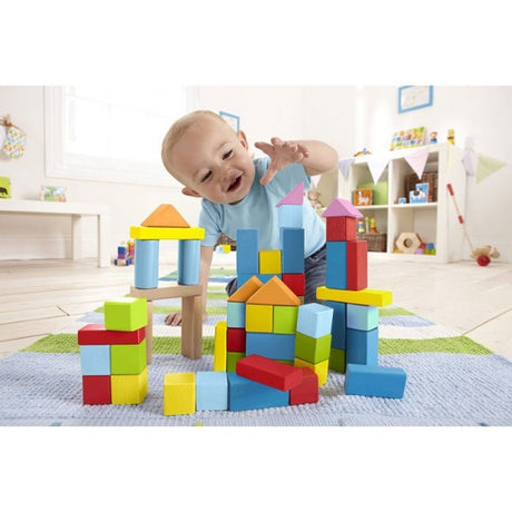 Colorful beech wood blocks designed for creative building and imaginative play for children.