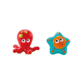 Colorful octopus and starfish bath squirters for toddlers, designed for splashy fun and sensory play during bath time.