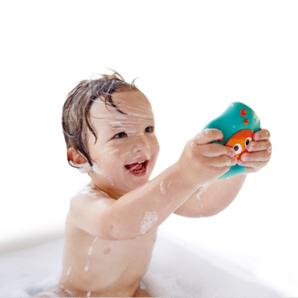 Colorful octopus and starfish bath squirters for toddlers, designed for fun and sensory play during bath time.