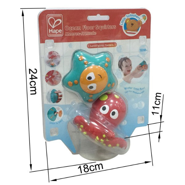 Colorful octopus and starfish bath squirters by Hape, perfect for sparking fun and sensory play during bath time.