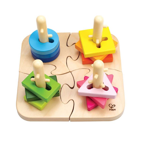 Colorful peg puzzle with grooved shapes to enhance problem solving and fine motor skills for toddlers 18 months and older.