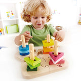 Colorful Hape Creative Peg Puzzle with grooved shapes, enhancing problem-solving and fine motor skills for toddlers.