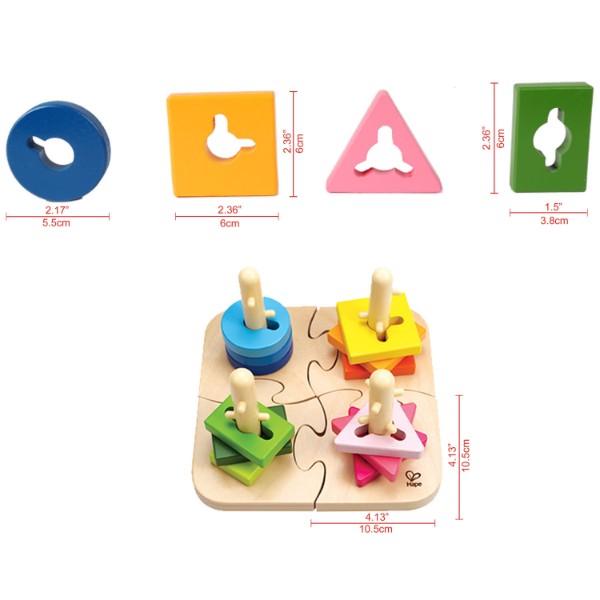 Colorful peg puzzle for toddlers, enhancing problem-solving and fine motor skills through grooved shapes and pegged posts.