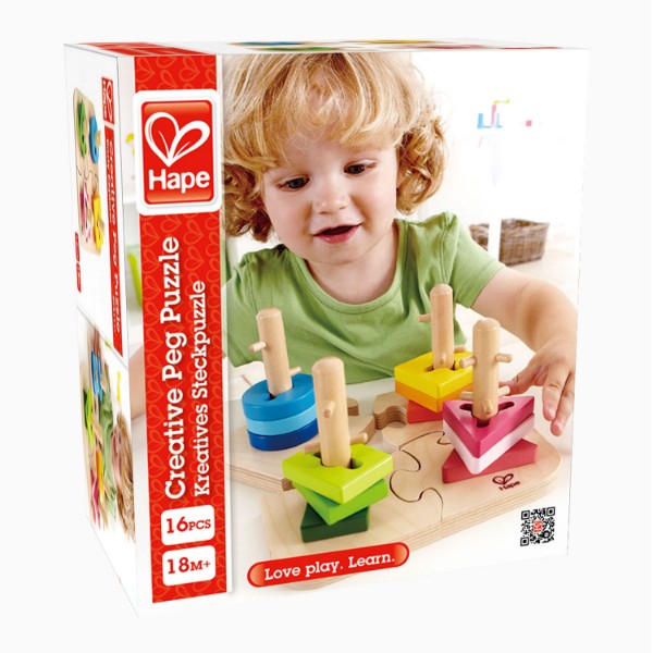 Colorful Hape peg puzzle for toddlers that enhances problem-solving and fine motor skills through grooved shapes and posts.