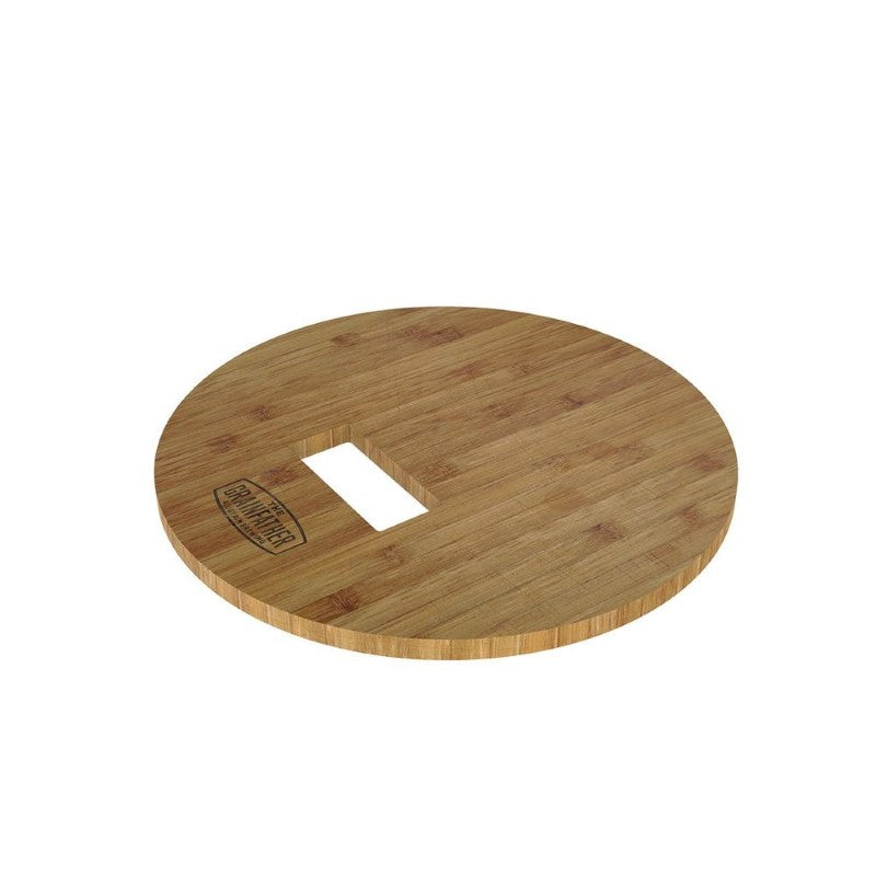 Bamboo mounting board designed for secure placement of Grainfather Grain Mill over a bucket for mess-free grain collection.