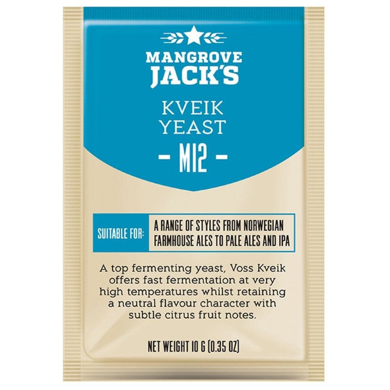 Mangrove Jack's CS M12 Kveik Yeast 10g pouch, ideal for quick fermentation with clean flavors and subtle citrus notes.