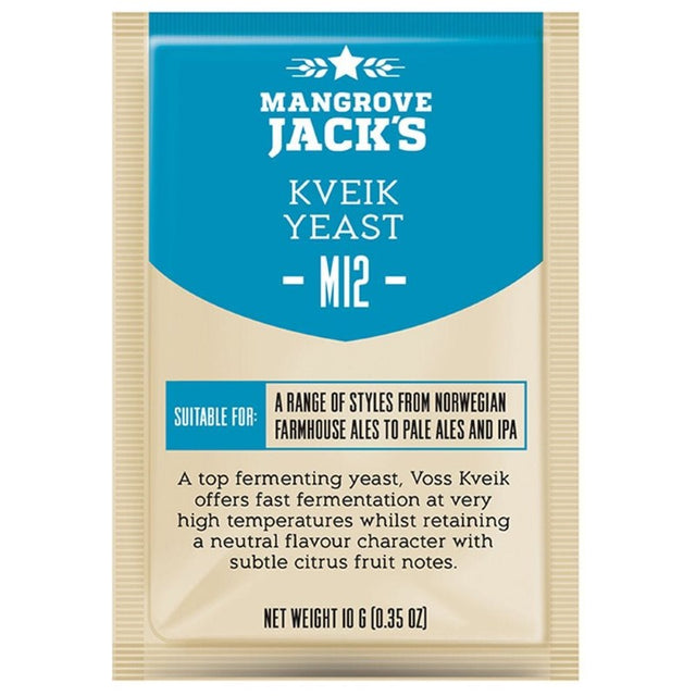 Mangrove Jack's CS M12 Kveik Yeast 10g pouch, ideal for quick fermentation with clean flavors and subtle citrus notes.