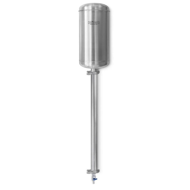 Still Spirits Filter Pro: a stainless steel gravity-fed filter processing 8L of spirit, featuring tri-clamps and adjustable flow control.