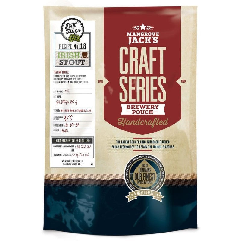 Mangrove Jack's Irish Stout kit, featuring dark brew with creamy head, coffee notes, Golding hops, and detailed brewing instructions.