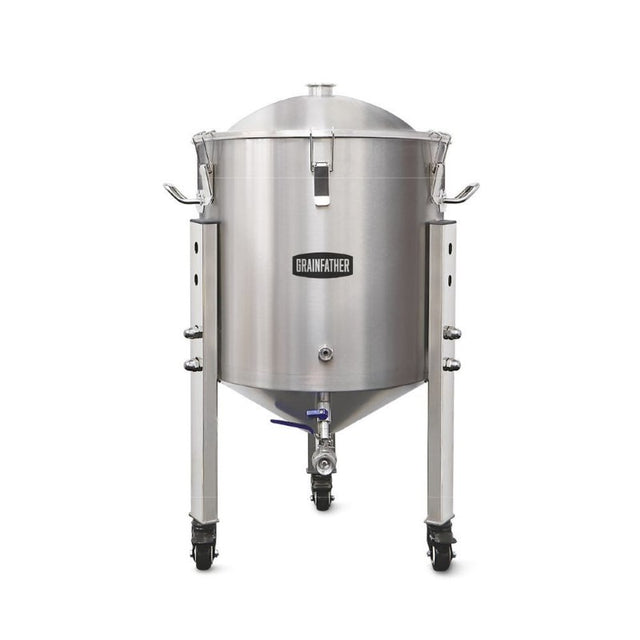 Grainfather SF50 Conical Fermenter with 50L capacity, adjustable legs, castor wheels, and stainless steel for easy brewing and cleaning.
