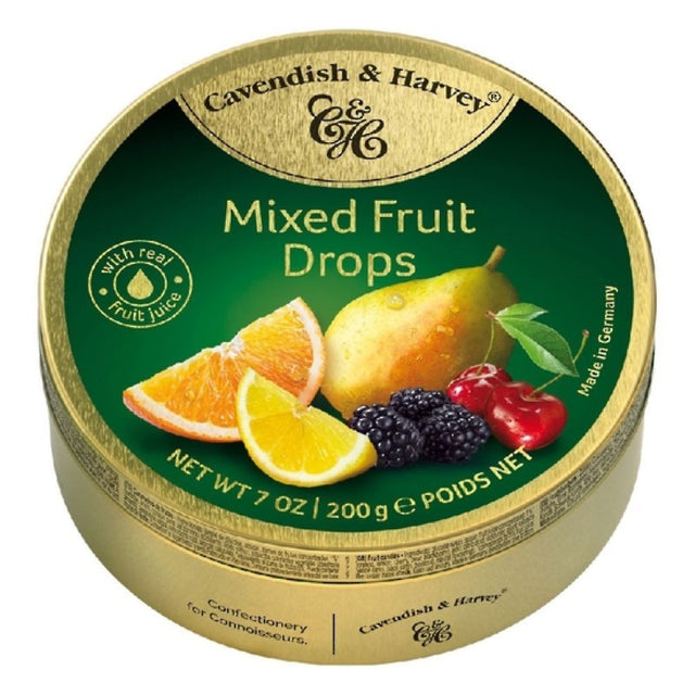 Cavendish & Harvey Mixed Fruit Drops in a gold tin, featuring lemon, cherry, blackberry, orange, and pear flavors.