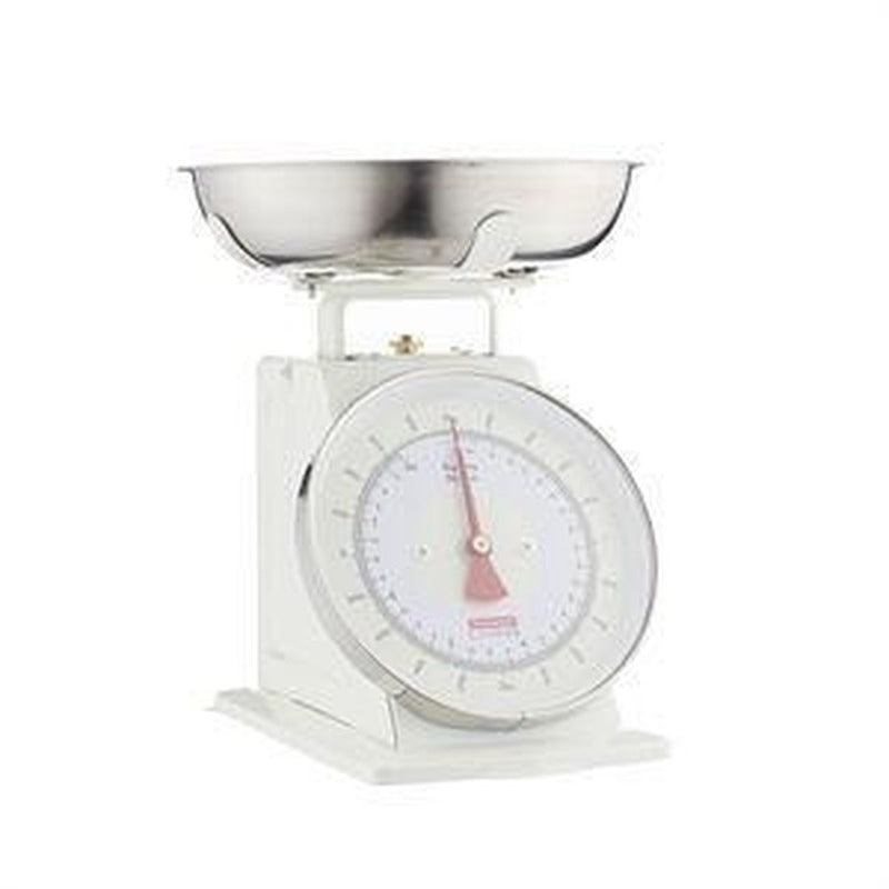 Cream mechanical kitchen scale with stainless steel bowl, easy-to-read dial, and durable color-coated steel body.