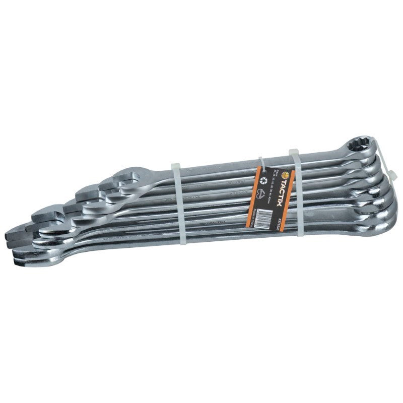 Tactix 8pc Combination Spanner Set from 27-42mm, crafted from chrome vanadium steel for durability and maximum torque.