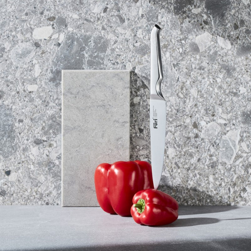 Furi Stone Knife Block set featuring 7 premium Japanese stainless steel knives in a stylish Snow Terrazzo block for elegant cooking.