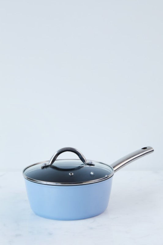 Easycook Blue Non-stick Saucepan 20cm with glass lid, made from forged aluminium for even heating and hassle-free cleaning.