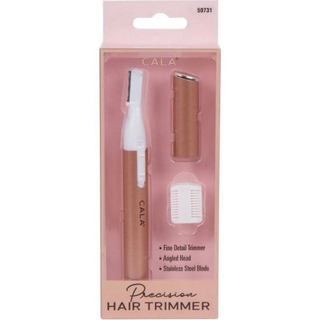 Rose gold Cala Precision Hair Trimmer for effortless facial hair removal with a stainless steel blade and angled head.