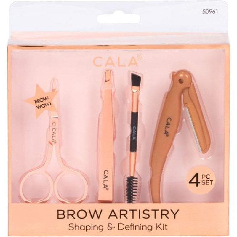 Cala Brow Artistry Kit: Essential 4-piece set with rose gold tools for precise brow shaping and grooming.