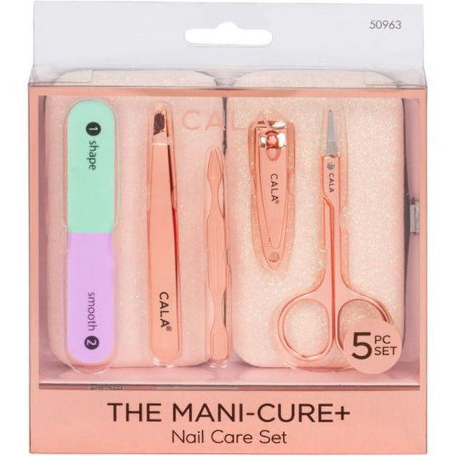 Cala 5pc Manicure Set in Rose Gold featuring a pink glitter case and essential nail care tools for professional-quality manicures.