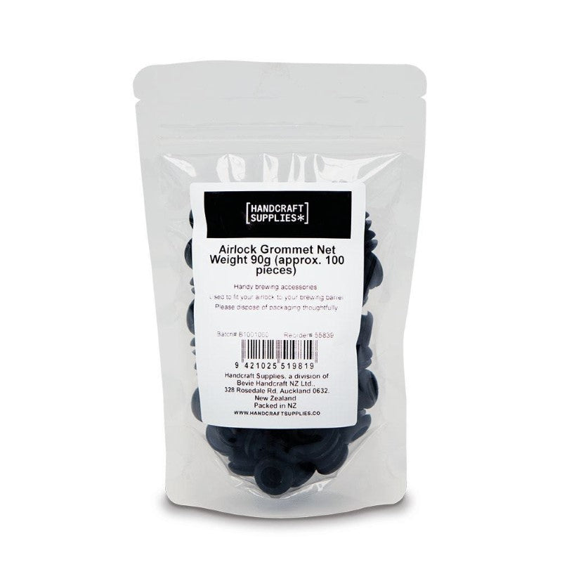 Pack of 100 HS Airlock Grommets for airtight sealing on fermenters, compatible with 12-13mm holes and standard airlocks.