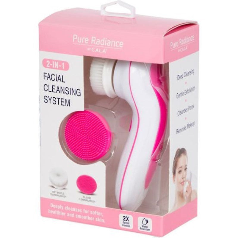 Cala 2-in-1 Facial Cleansing System features soft bristle and silicone brushes for a gentle, effective cleanse for all skin types.