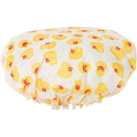 Playful Rubber Ducky shower cap made from waterproof EVA, keeping hair dry with a snug fit for adults and kids.