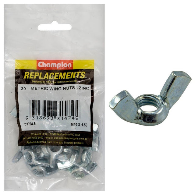 Pack of 25 Champion M10 x 1.50 wing nuts for easy hand-tightening, ideal for various fastening and assembly tasks.