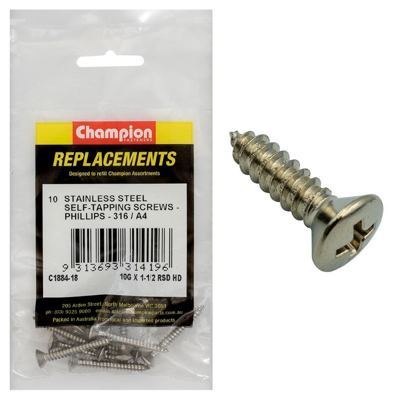 Champion 10G x 1-1/2in tapping screws in stainless steel, ideal for corrosion resistance and versatile fastening projects.