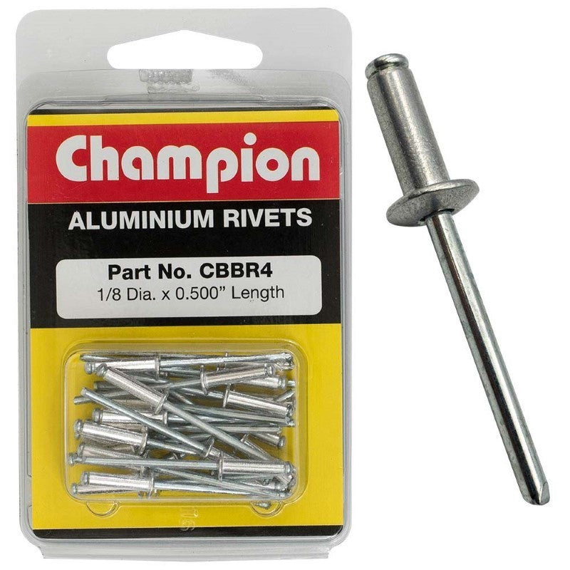 Champion 1/8in x 0.500 Rivet Pack with 100 durable rivets for metalworking, woodworking, and automotive applications.