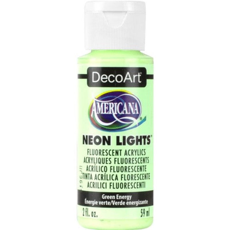 Bright green acrylic paint in a 2oz bottle, ideal for crafts and art projects, glows under black light.