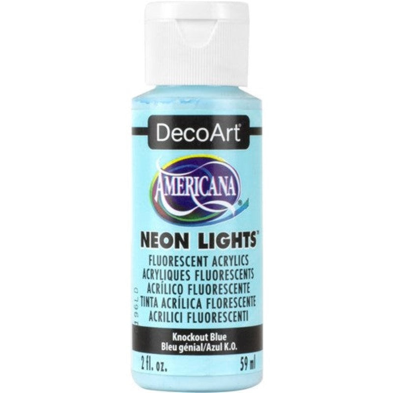 Vibrant 2oz Decoart Americana Neon Lights paint in KNOCKOUT BLUE, perfect for crafts, decor, and artistic projects.