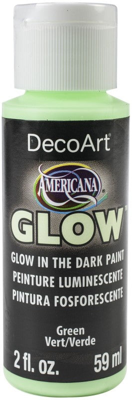 Decoart Americana Glow Paint in Glow Green, a 2oz acrylic that shines brightly at night on various surfaces.