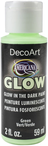 Decoart Americana Glow Paint in Glow Green, a 2oz acrylic that shines brightly at night on various surfaces.