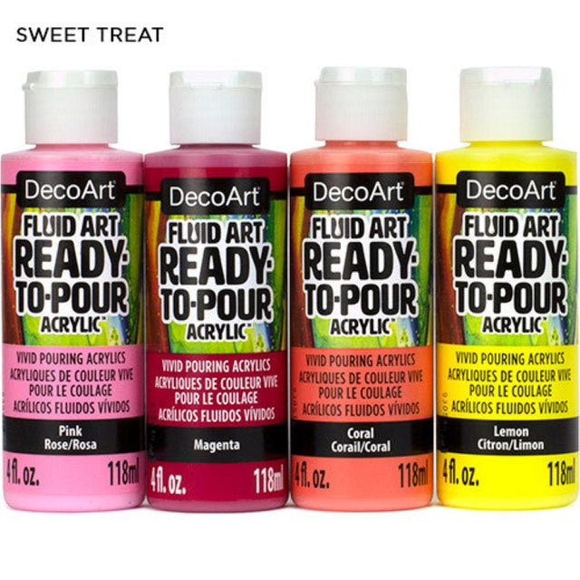 Decoart Fluidart Sweet Treat Paint Pouring Kit showcasing vibrant ready-to-pour acrylic paints for easy fluid art creation.